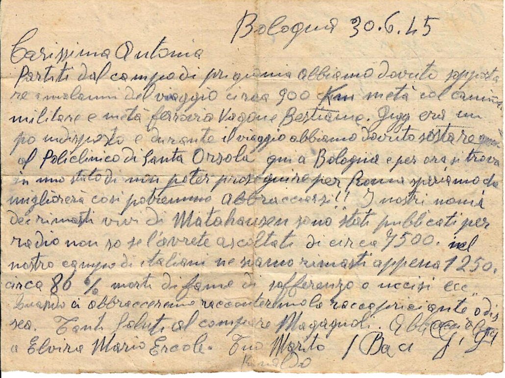 30.giugno.1946 Rinaldo Collalti lettera alla moglie Antonia dopo esser usciti dal campo di concentramento di Mauthausen